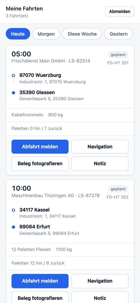 Fahreransicht auf dem Handy mit Abfahrtsmeldung und Ablieferbeleg